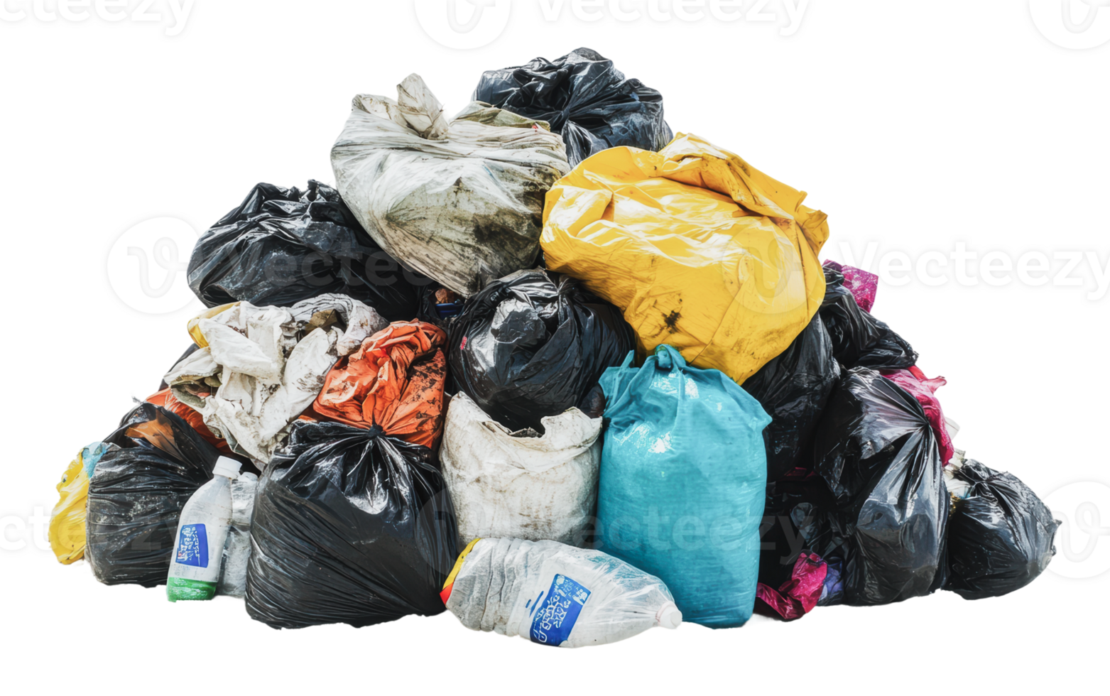 Pile of assorted trash bags in various colors png