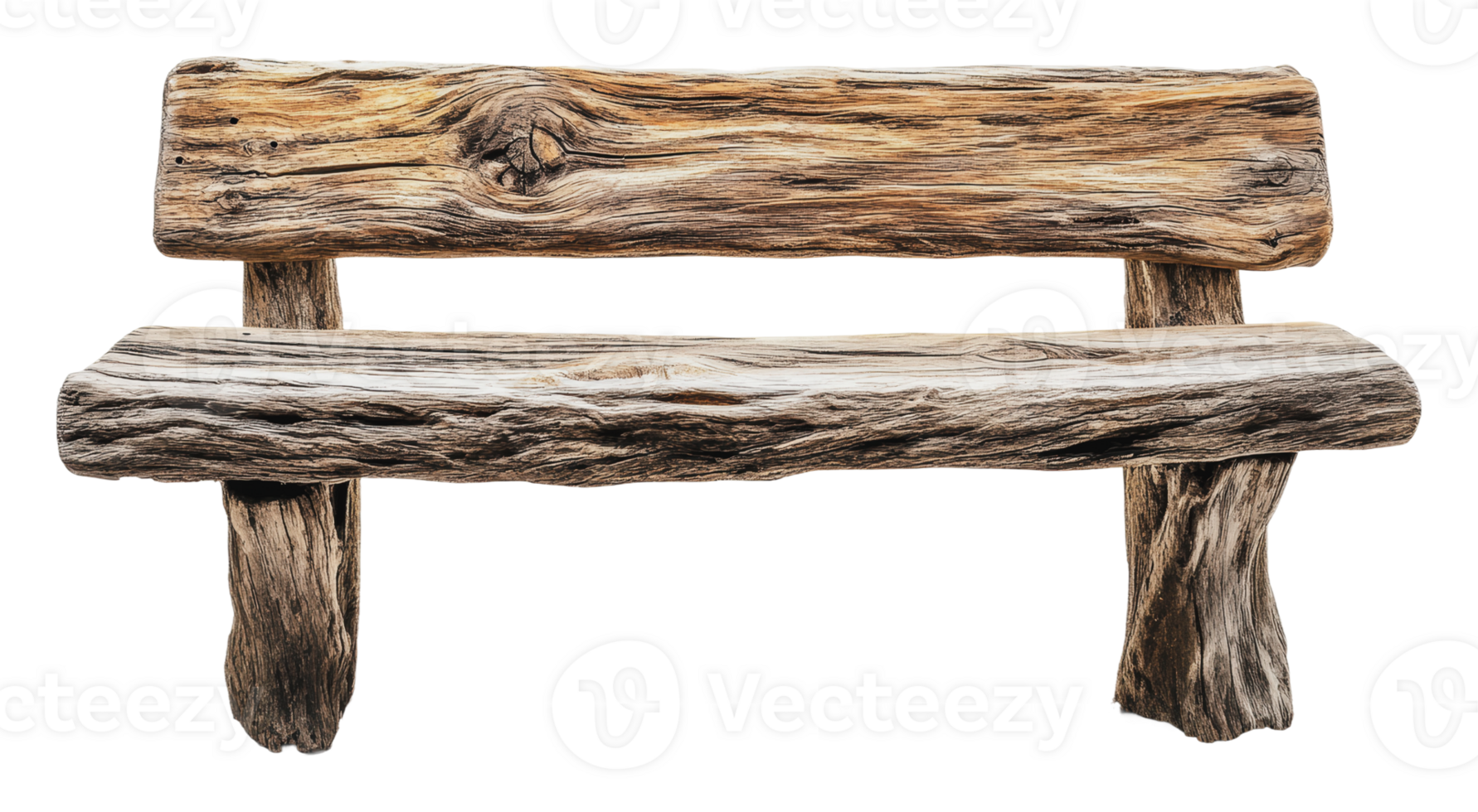 Rustic wooden bench crafted from tree trunks png
