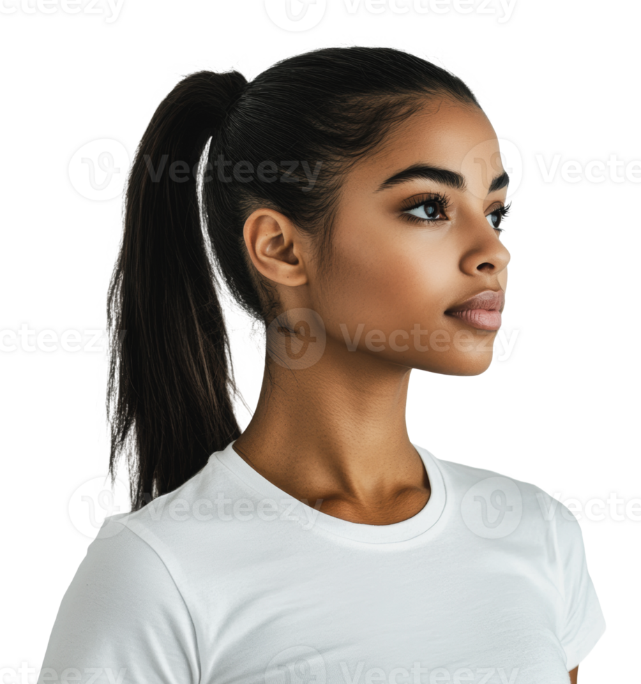 Young woman with ponytail in simple white shirt png