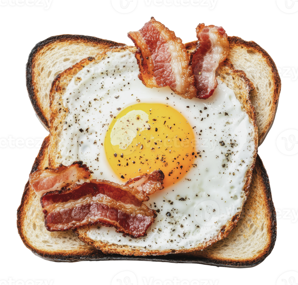 Breakfast dish with egg and crispy bacon on toast png