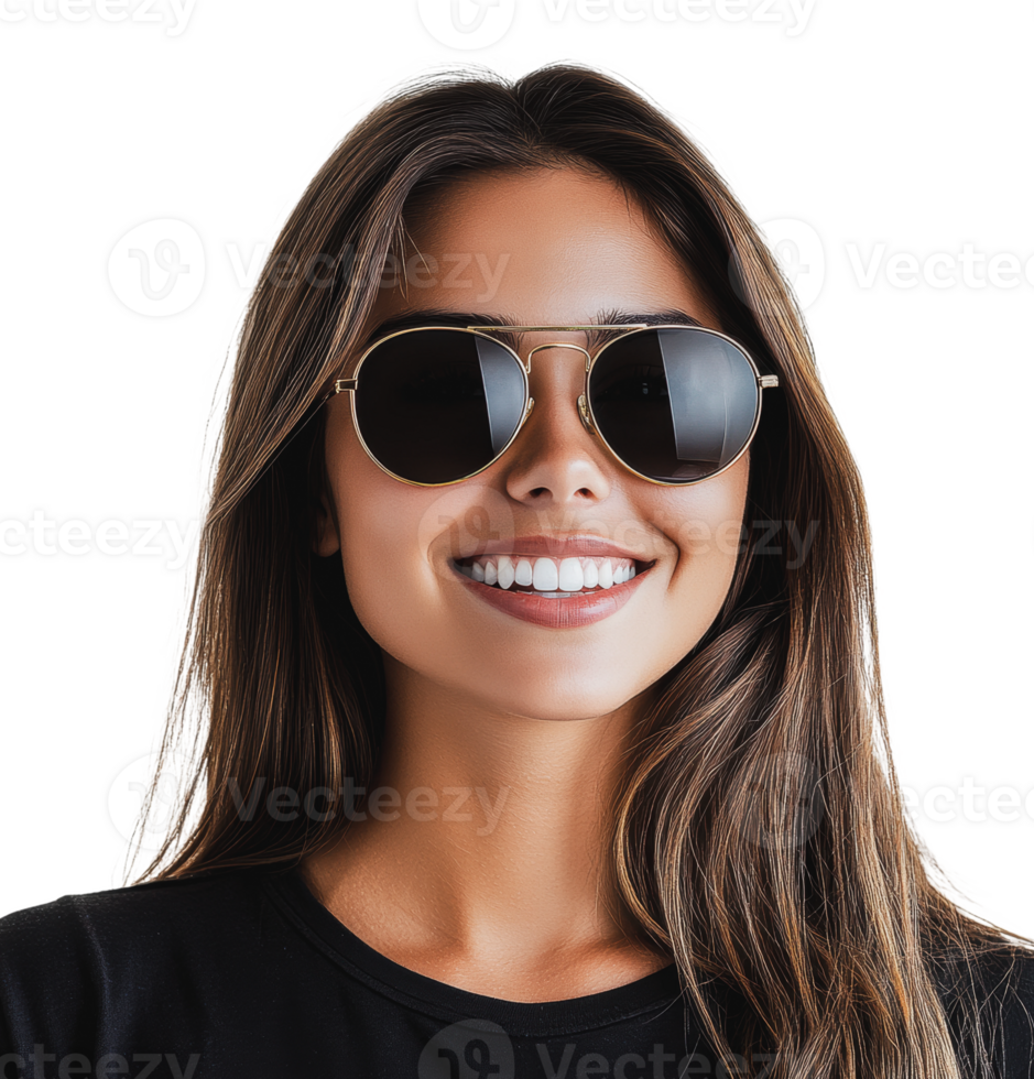 Woman smiling while wearing sunglasses indoors png