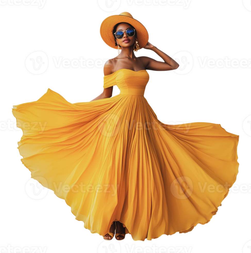 Woman in yellow dress enjoys sunny outdoor setting png