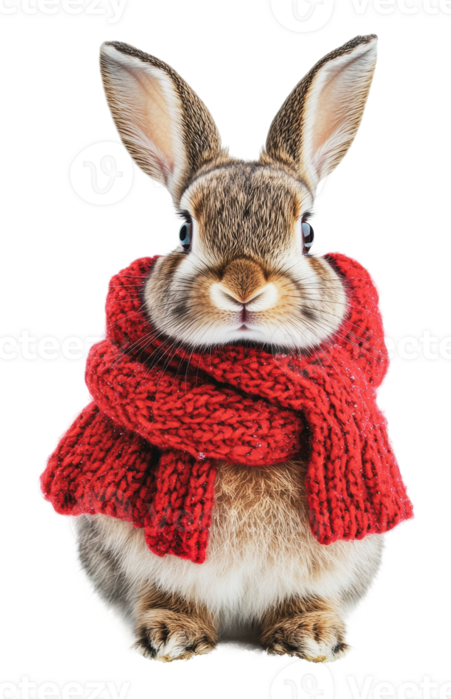 Rabbit wearing a red knitted scarf in winter png