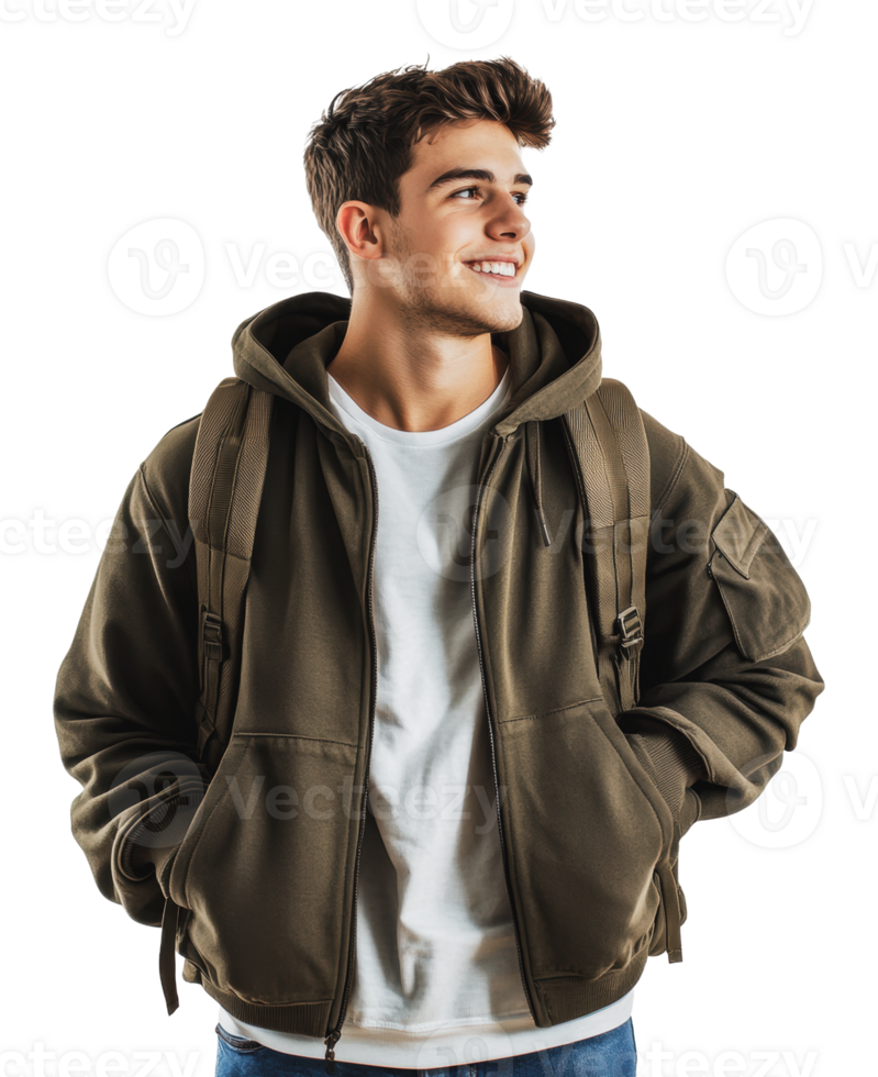 Smiling young man in casual attire with backpack png