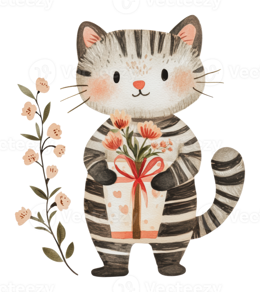 Cute striped cat holding a gift with flowers png