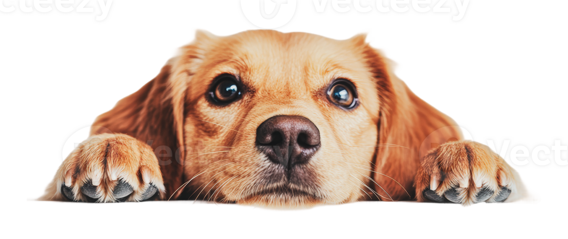 Golden dog looking curiously with paws on surface png