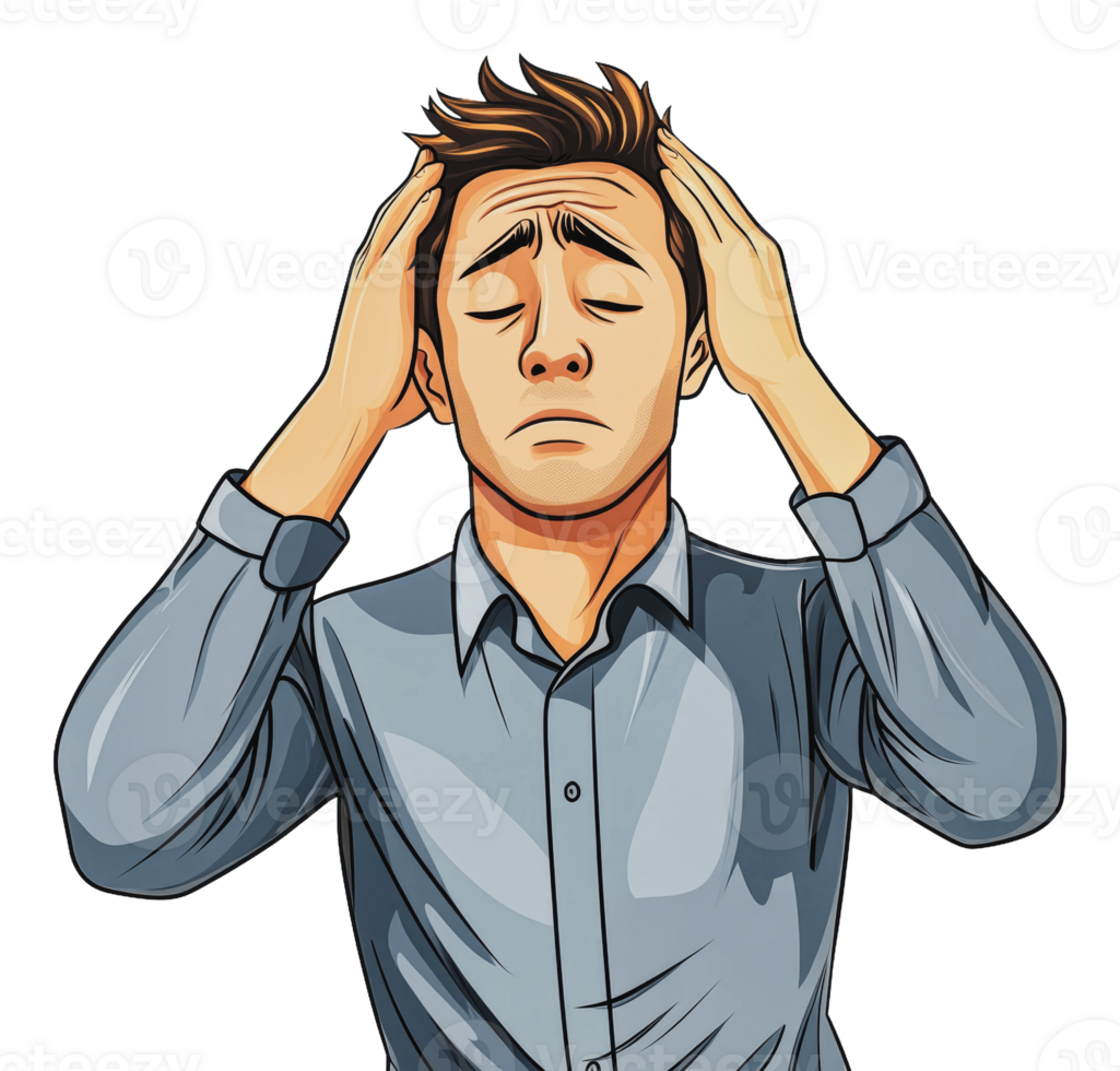 Man expressing frustration with his head in hands png