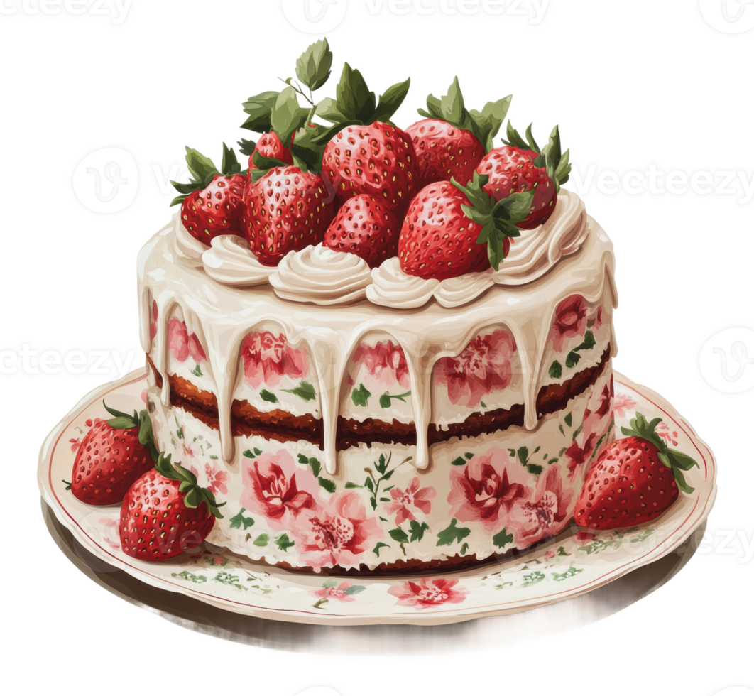 köstlich Erdbeere Kuchen mit Blumen- Design png