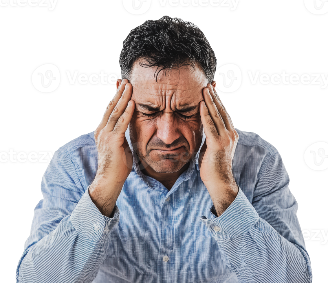 Stressed man with a headache in bright light png
