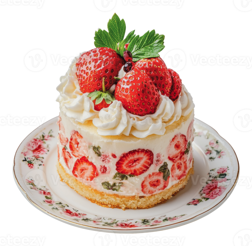 délicieux fraise crème gâteau sur une floral assiette png