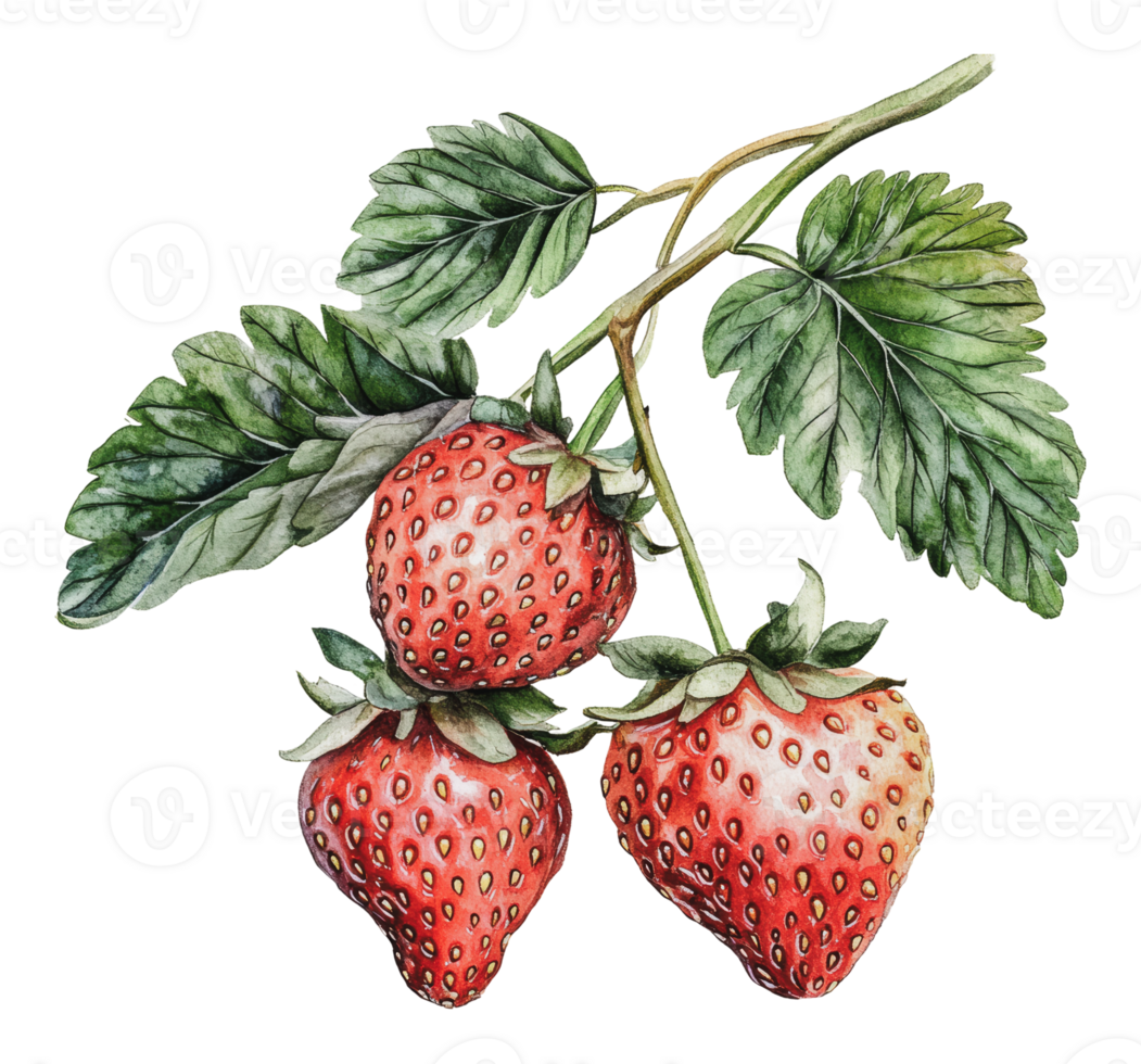 Fresh strawberries with green leaves hanging png