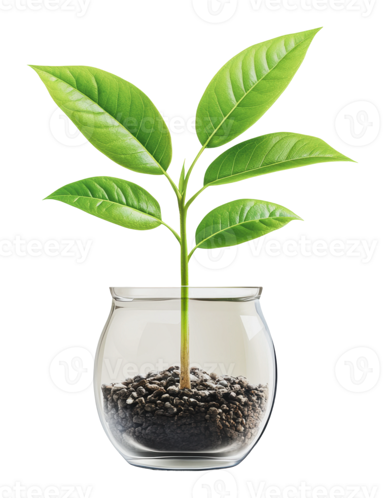 Growing plant in glass container with soil png