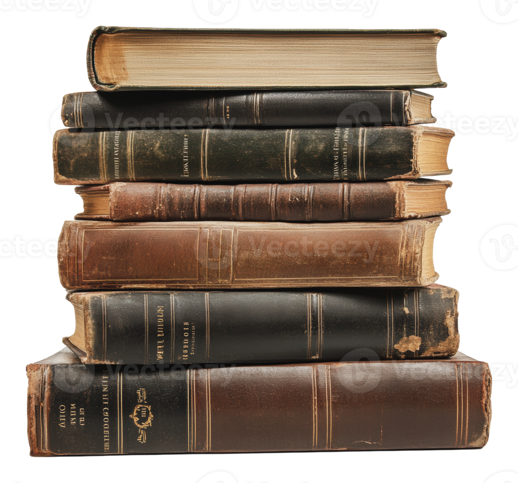 Stack of vintage books in various conditions png