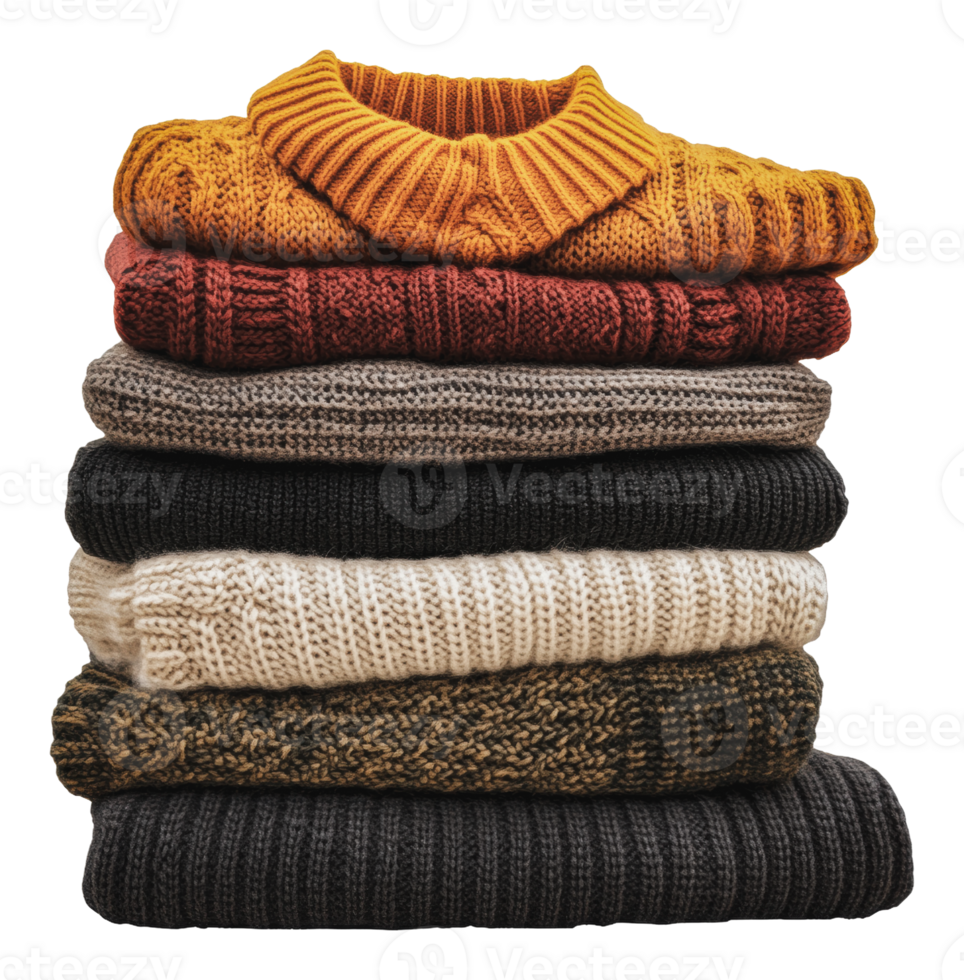 Stacked knitted sweaters for cozy fall png