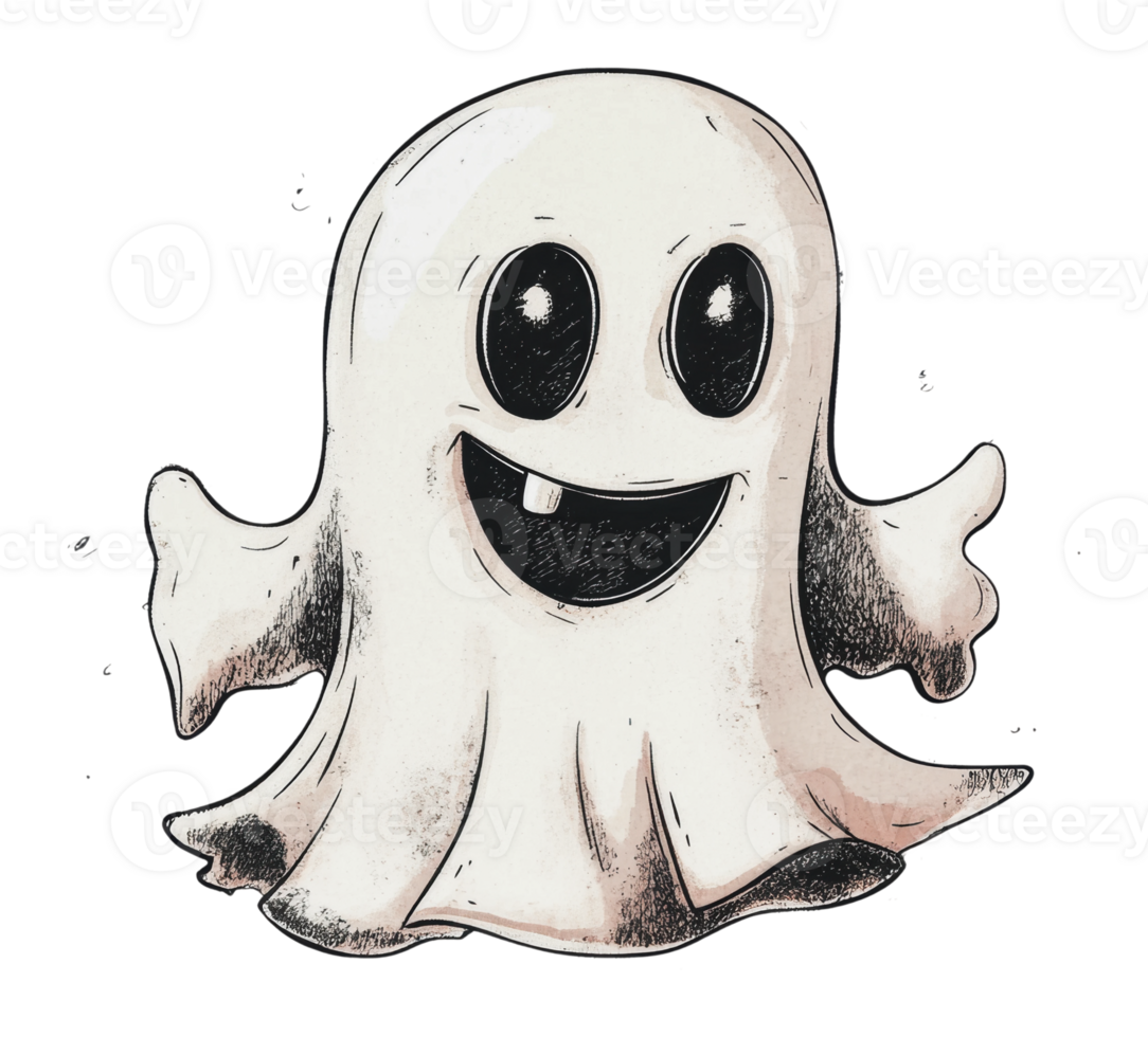Friendly cartoon ghost with a big smile and tooth png