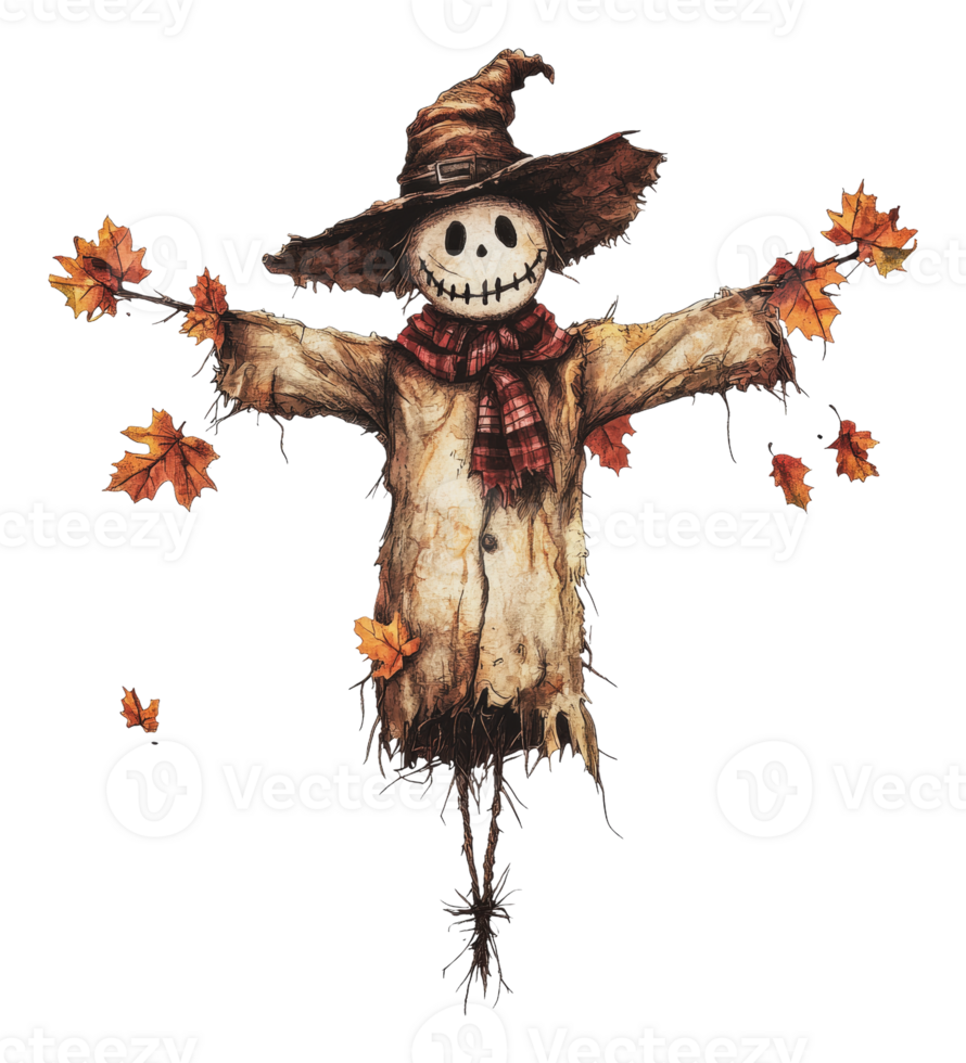 Scarecrow stands among falling autumn leaves png