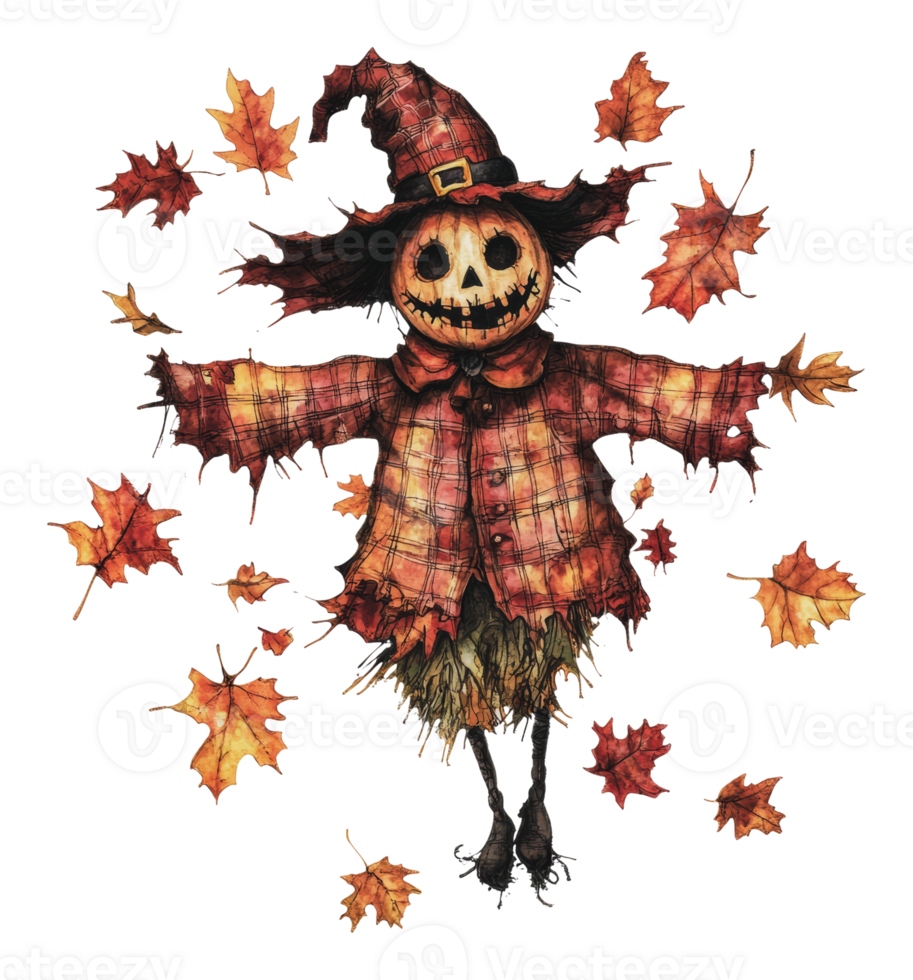 Scarecrow surrounded by autumn leaves and charm png