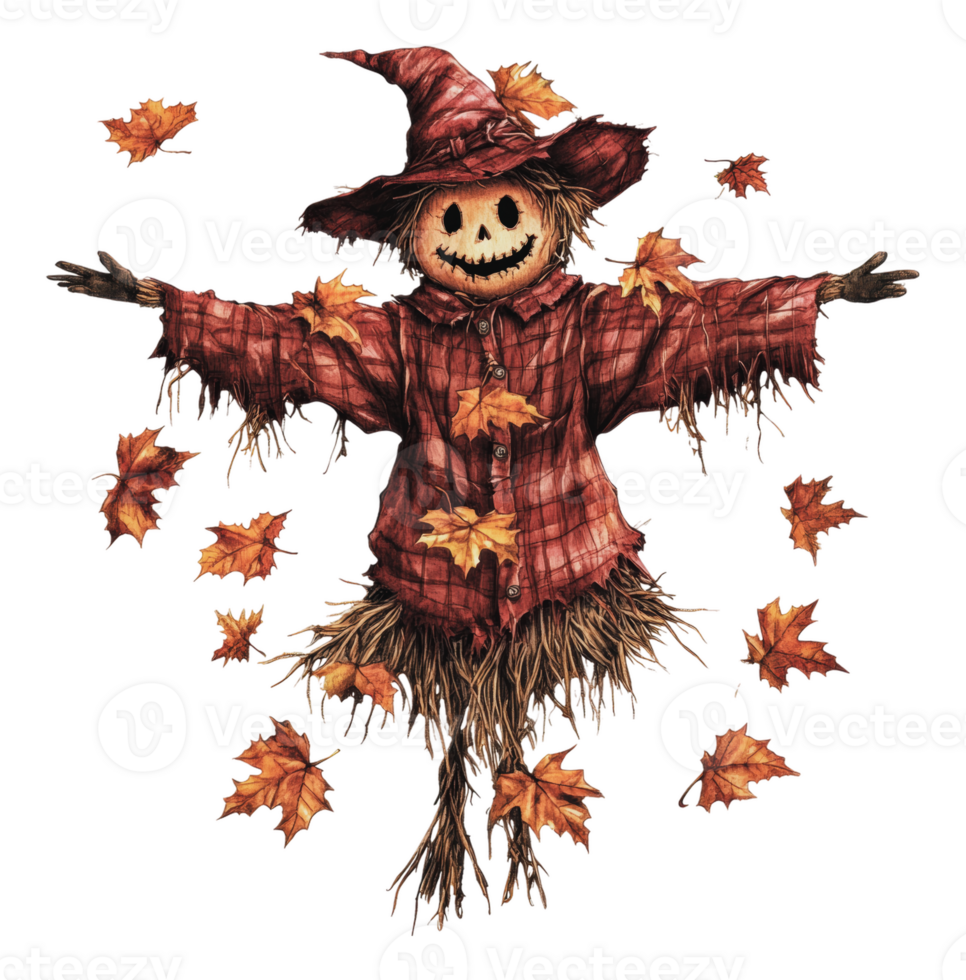 Scarecrow surrounded by autumn leaves in fall png