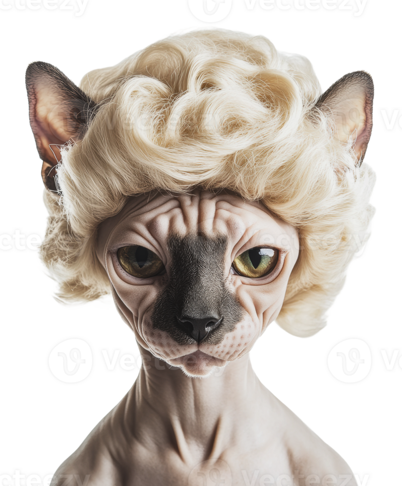 Cat with curly wig poses for a quirky portrait png