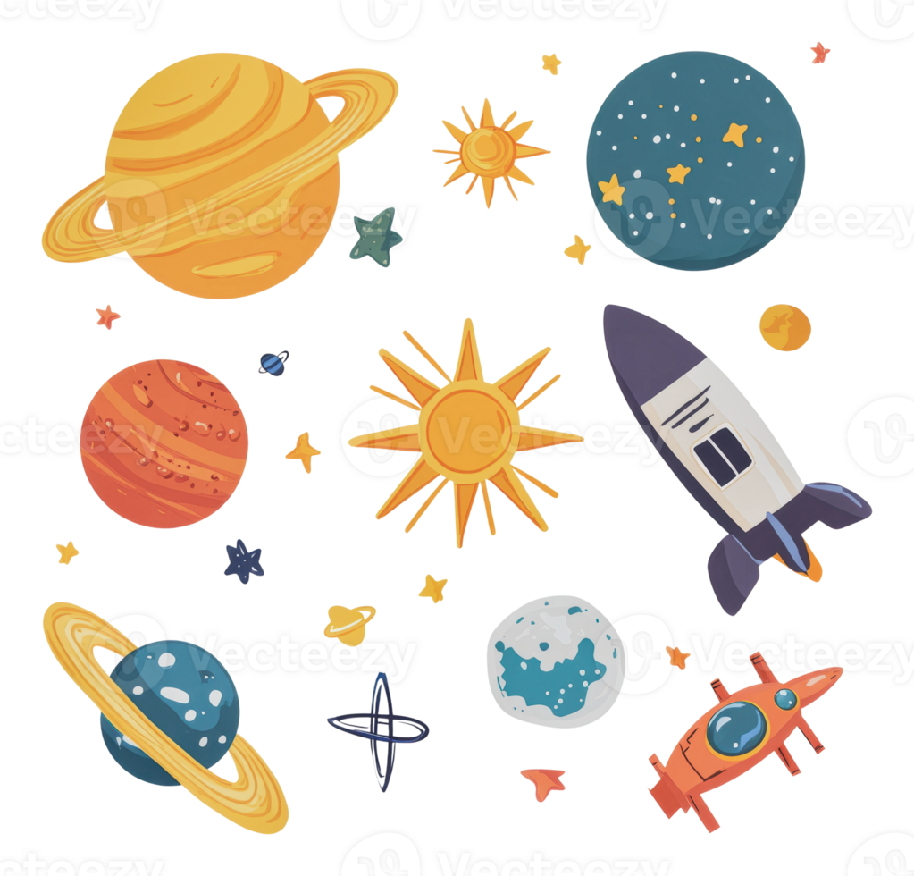 Colorful illustration of planets and a rocket png