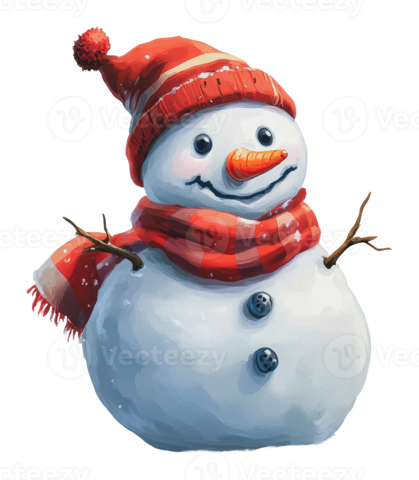 Cheerful snowman with red hat and scarf png
