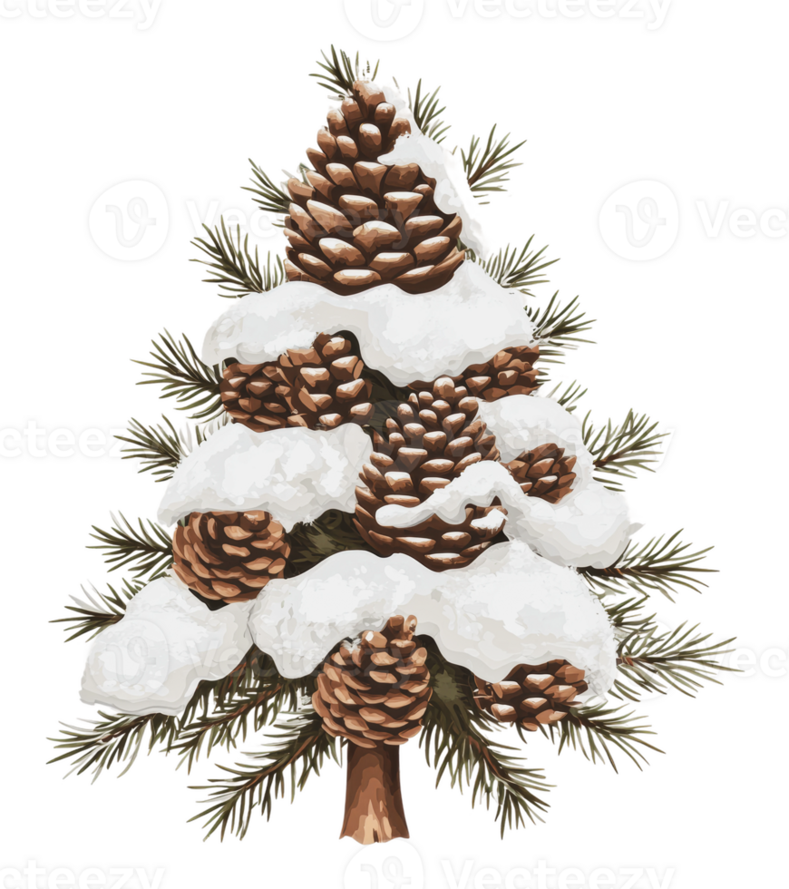 Snow-covered pine tree with cones in winter forest png