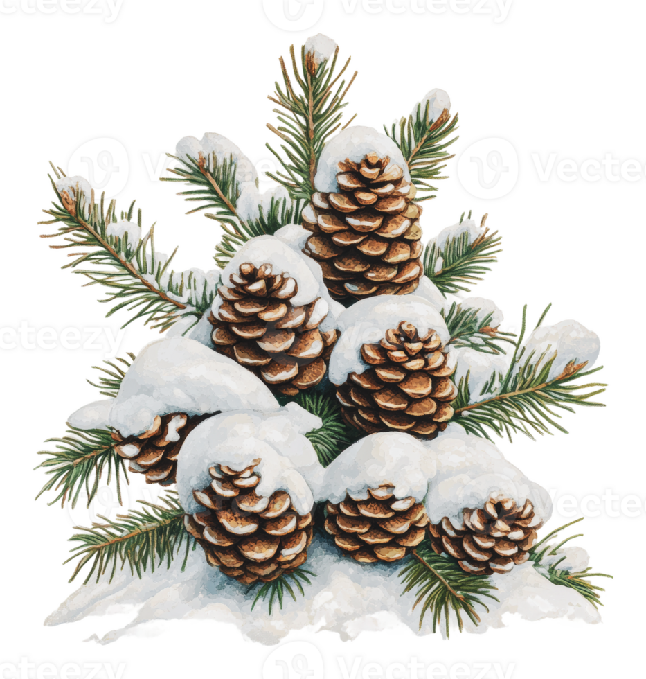 Pine cones covered in snow in winter setting png