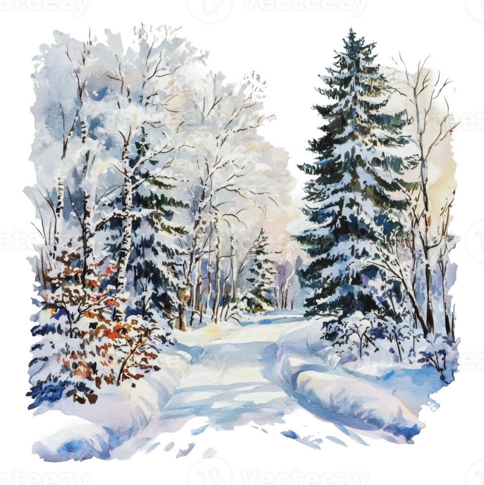 Winter landscape with snow-covered trees and path png
