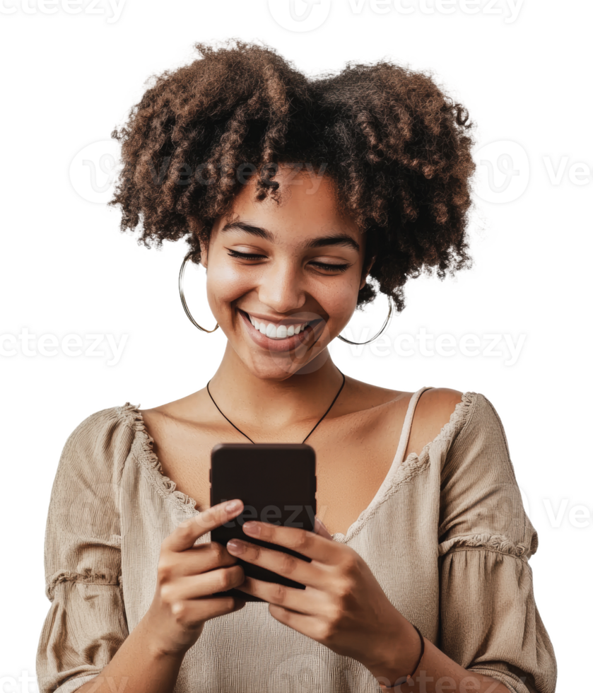 Smiling woman using smartphone with curly hair png