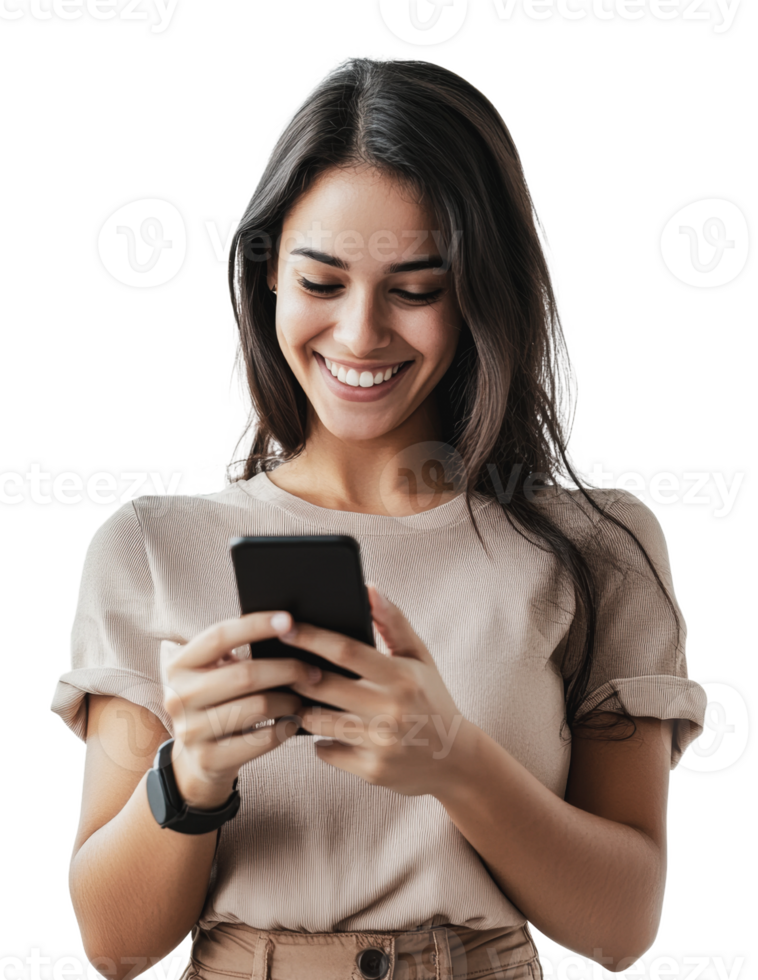 Young woman happily using smartphone indoors png