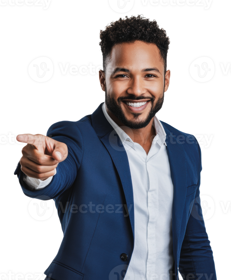 Smiling man in blue suit pointing confidently png