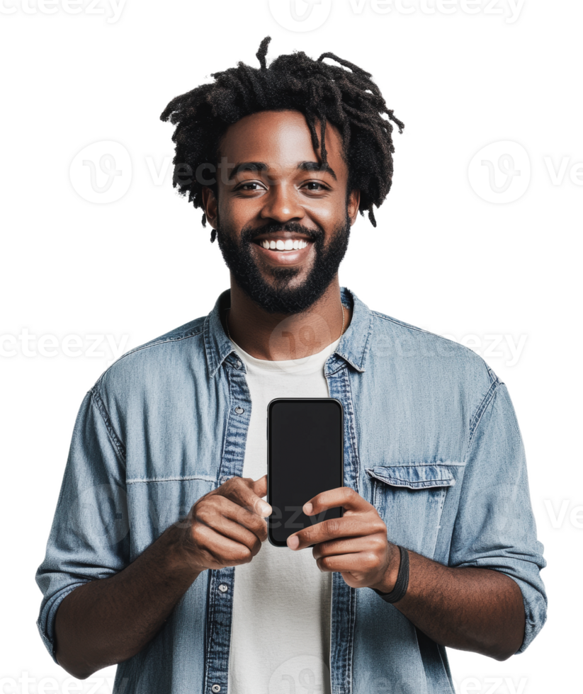 Confident man smiles with smartphone png