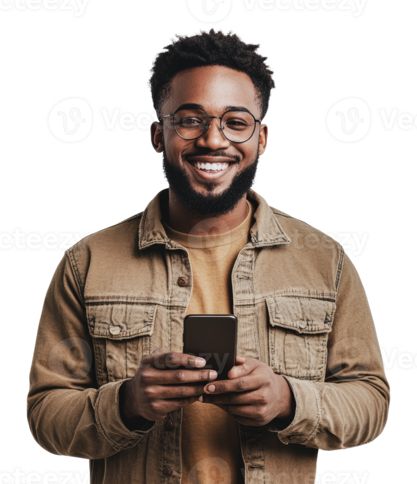 Happy man holding smartphone in casual setting png
