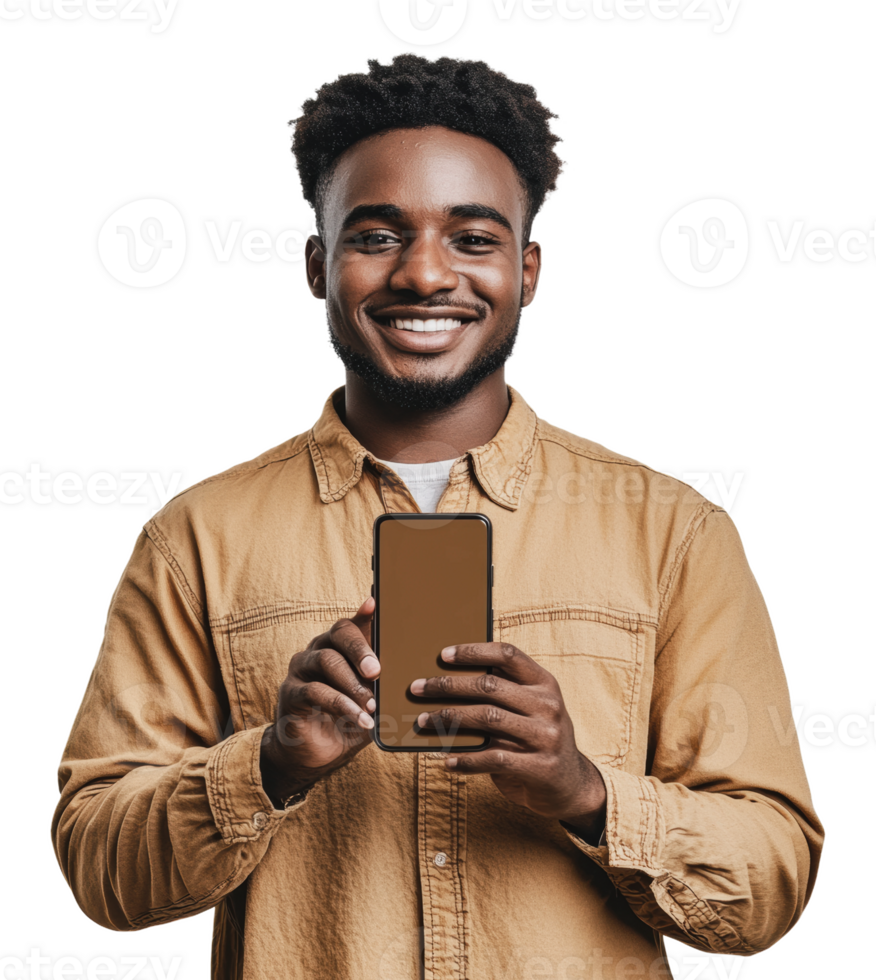 Young man smiles while holding smartphone in hand png