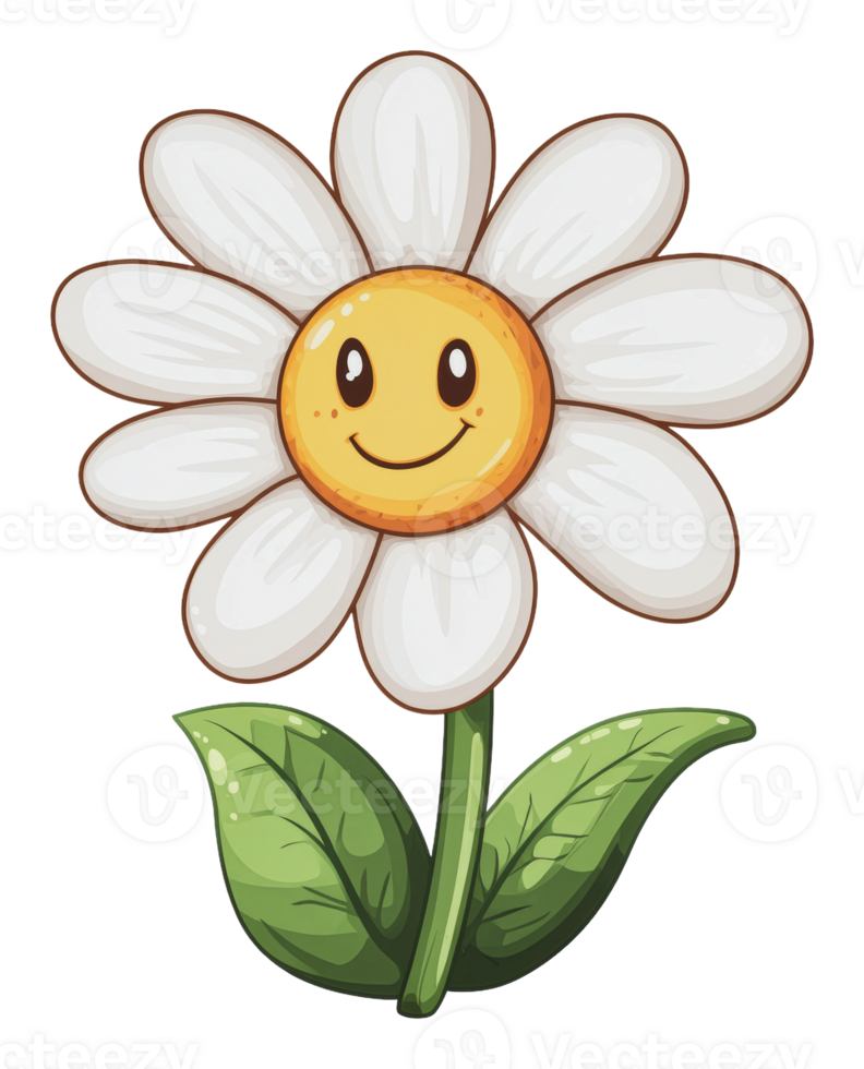 Smiling flower with yellow center and green leaves png