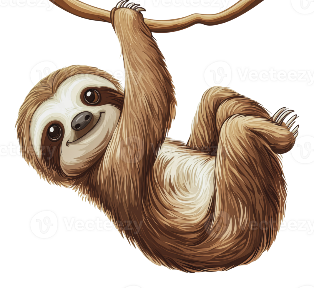 Sloth hanging from a branch in a playful manner png