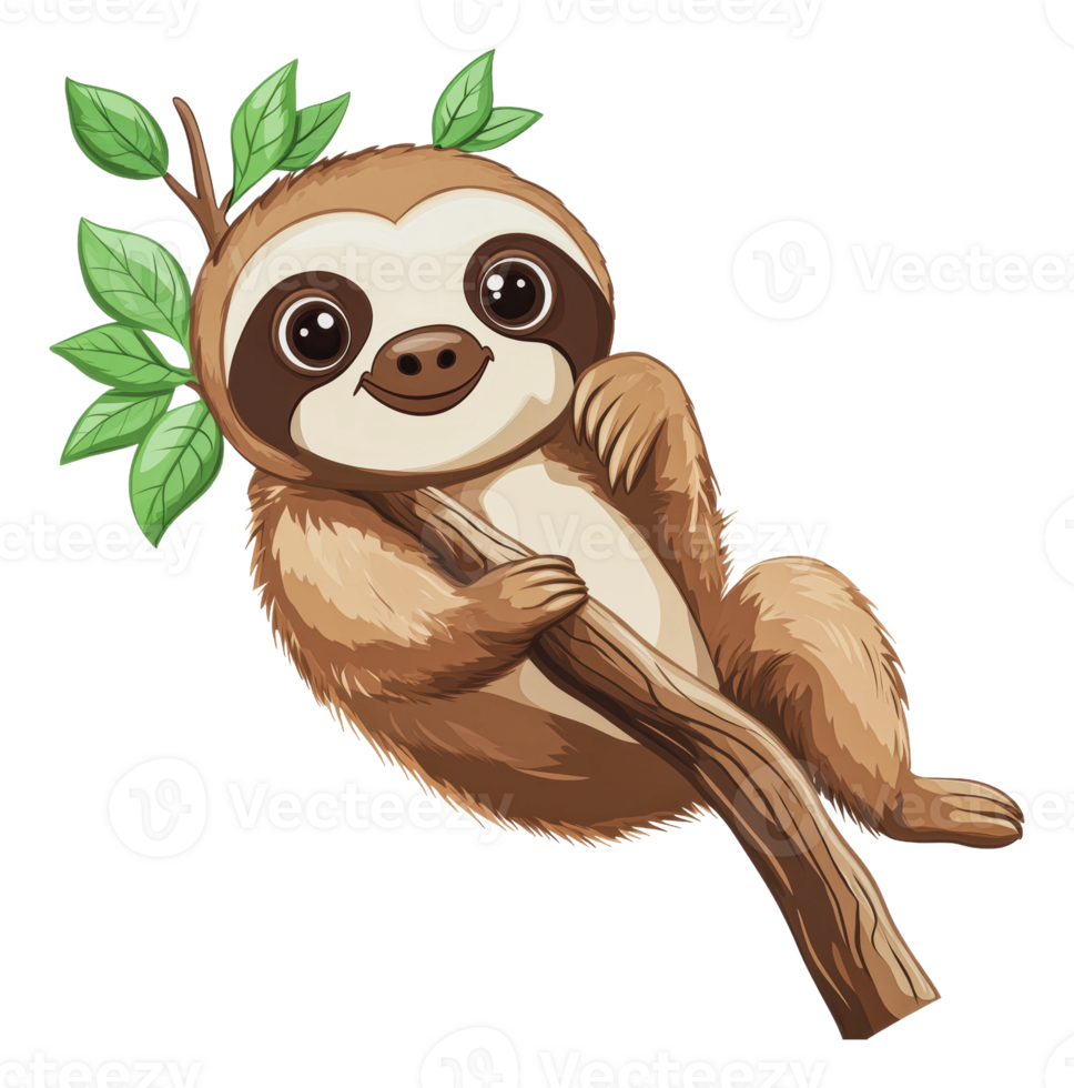 Cute sloth hanging on a tree branch png