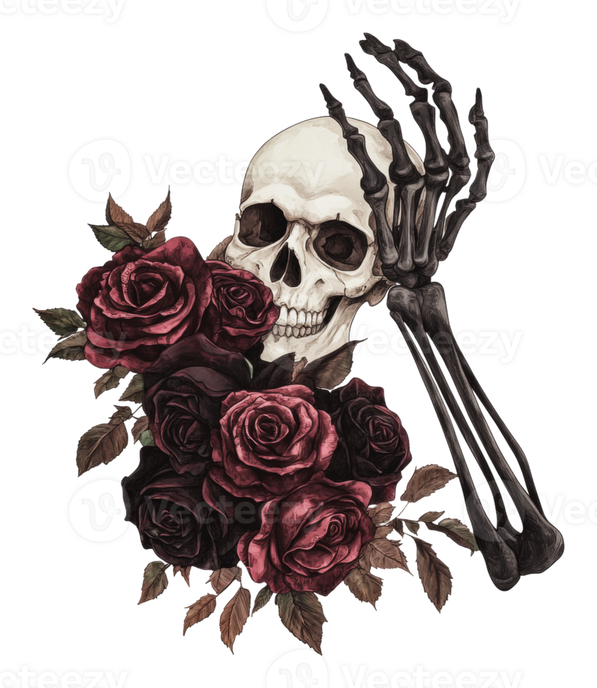Skeleton hand resting on dark roses with skull png