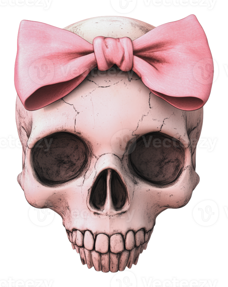 Artistic skull design with a pink bow on top png