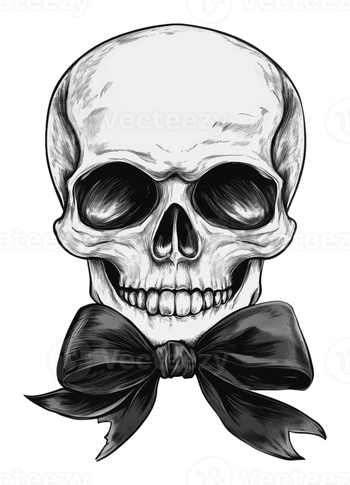 Detailed illustration of a skull with bow png