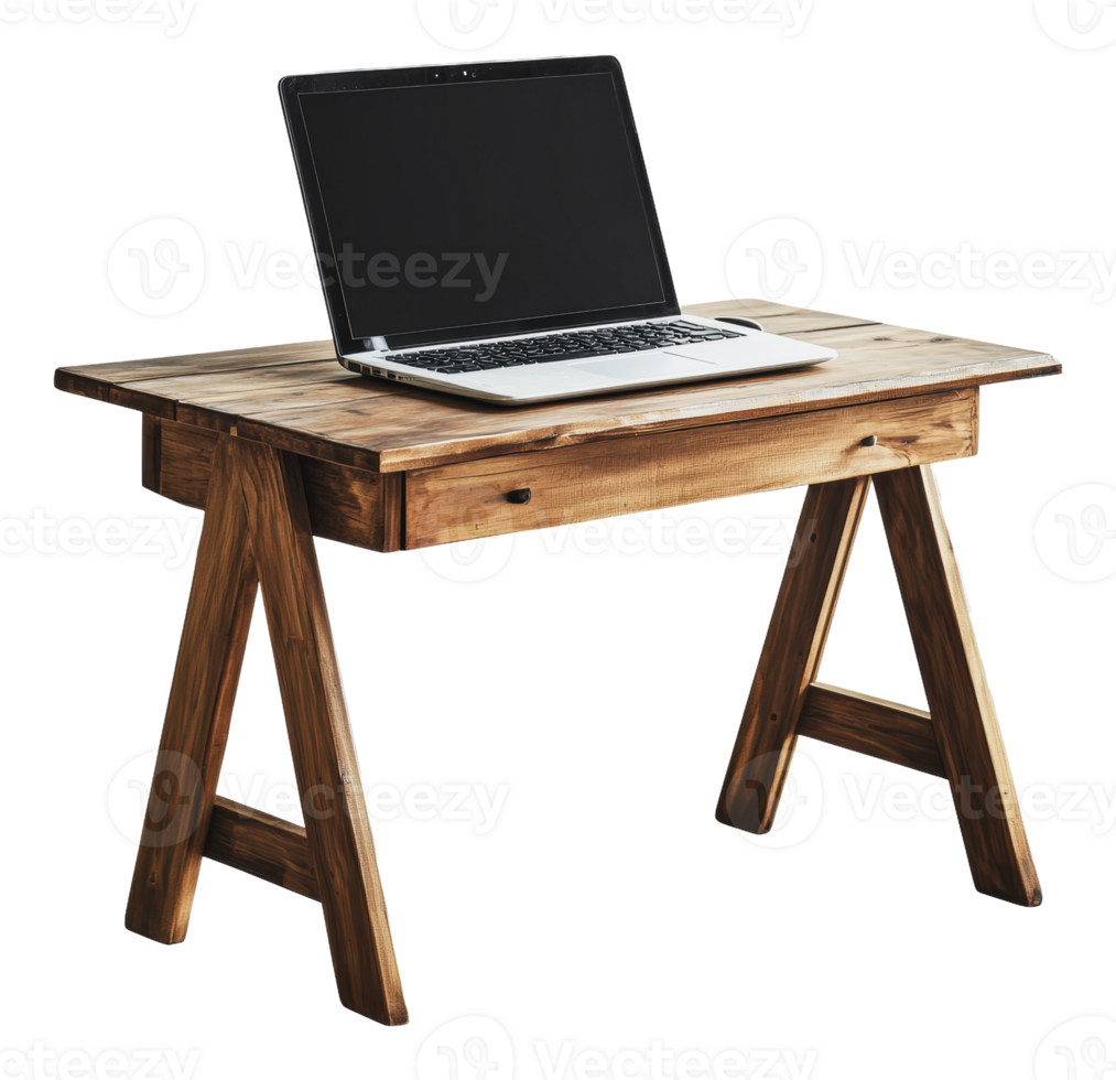 Wooden desk with laptop set up for work png