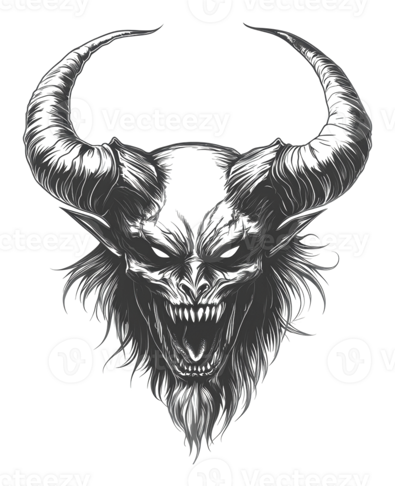 Fierce demonic face with prominent horns and fangs png
