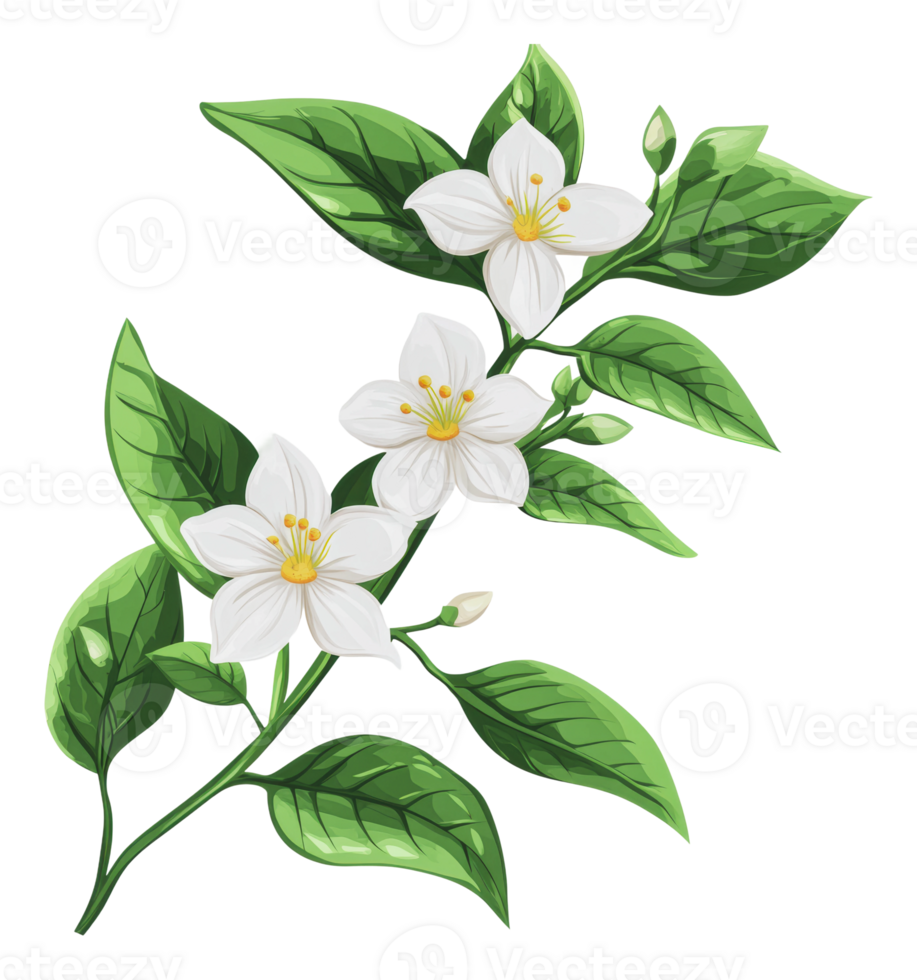 White jasmine flowers with lush green leaves png