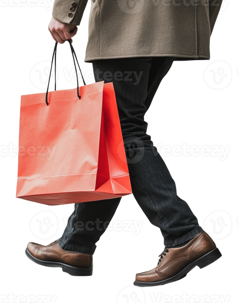 Man walking with a red shopping bag in the city png