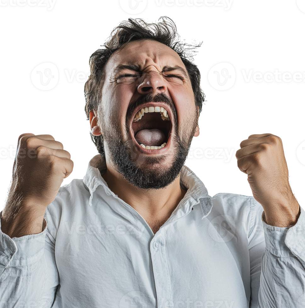Man expressing intense emotion with raised fists png