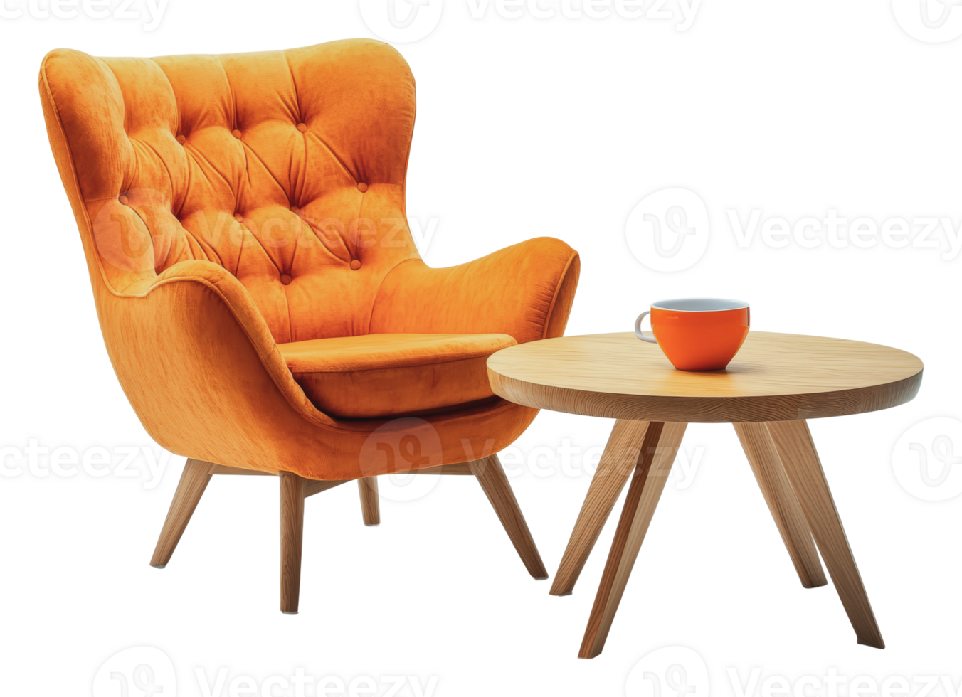 Cozy orange armchair and wooden side table set png