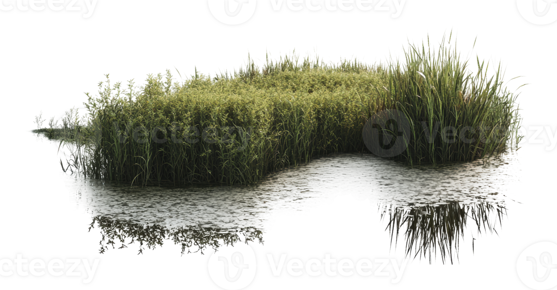 Lush wetland vegetation reflecting in calm water png