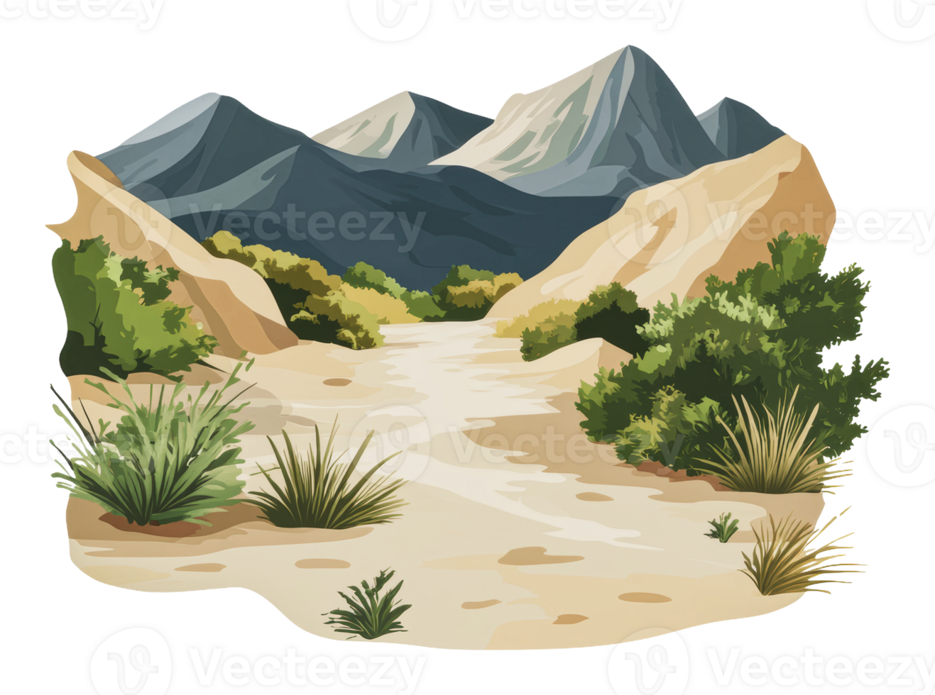 Desert landscape with mountains and plants png