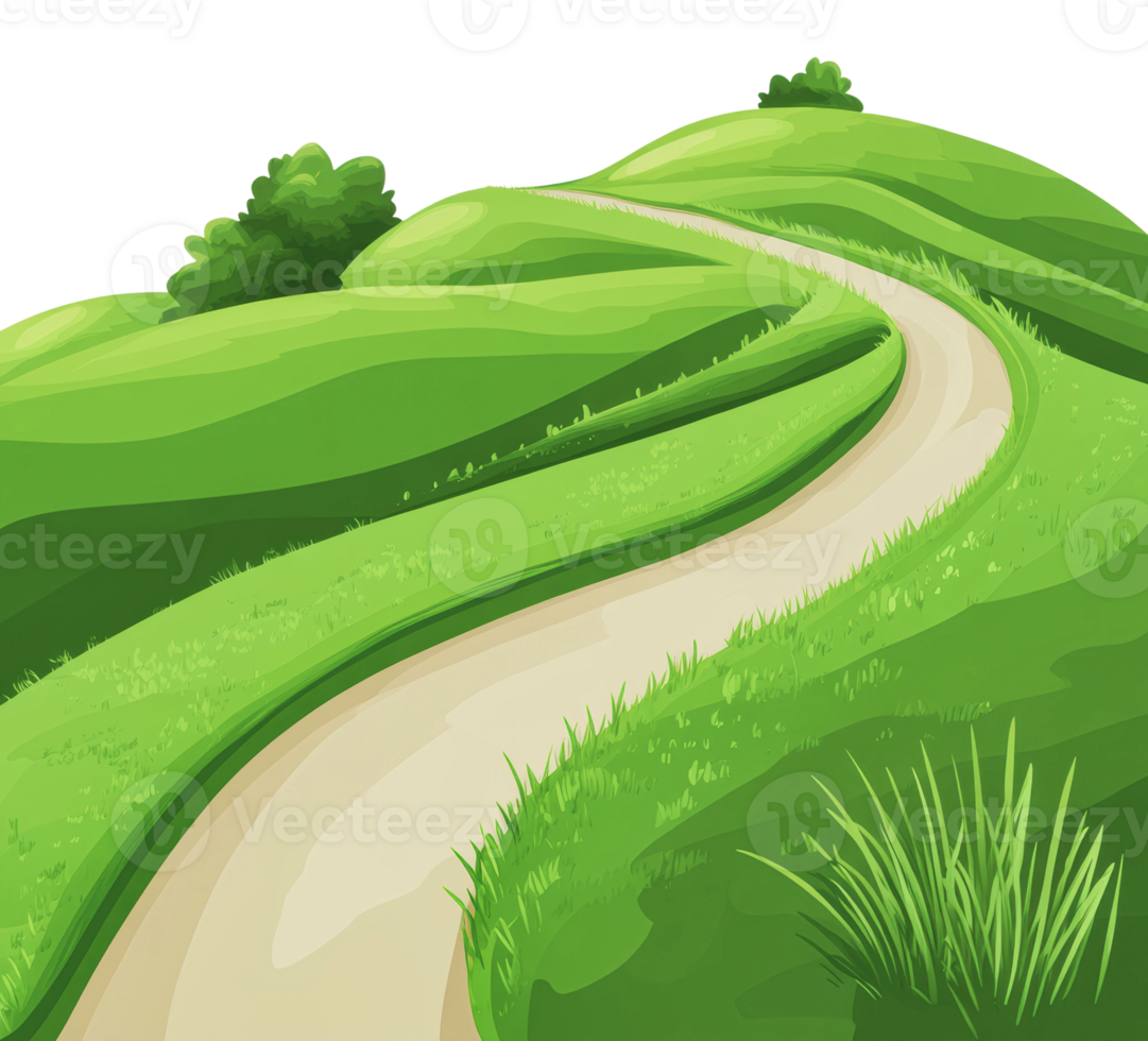 Winding path through lush green hills in daylight png
