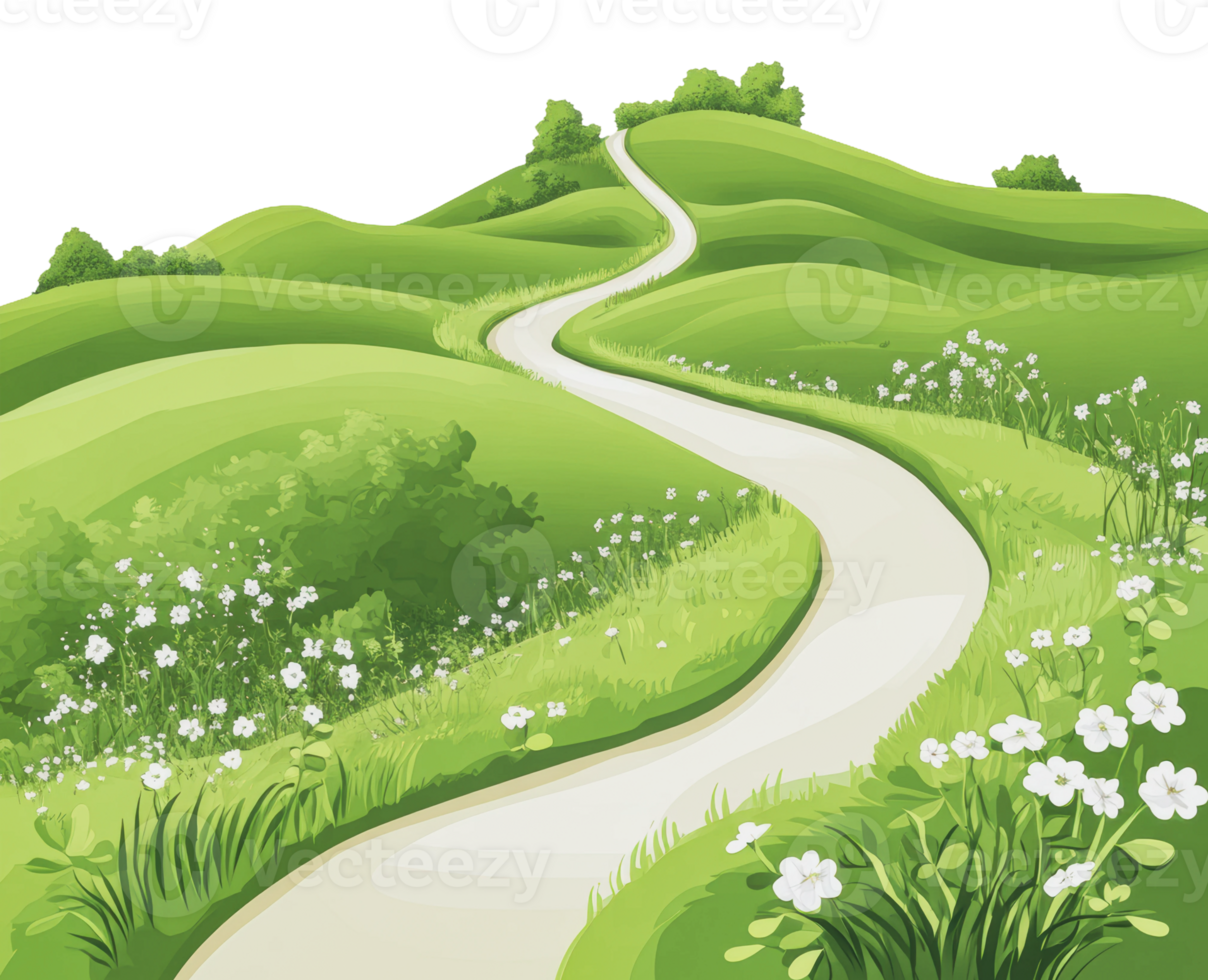 Beautiful winding path through lush green hills png